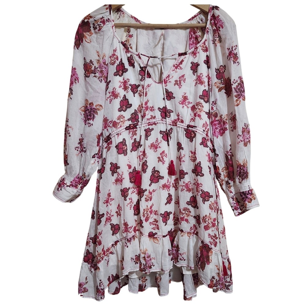 Free People Mini Dress Womens Small White Red Floral Boho Tassel Ruffle Hem